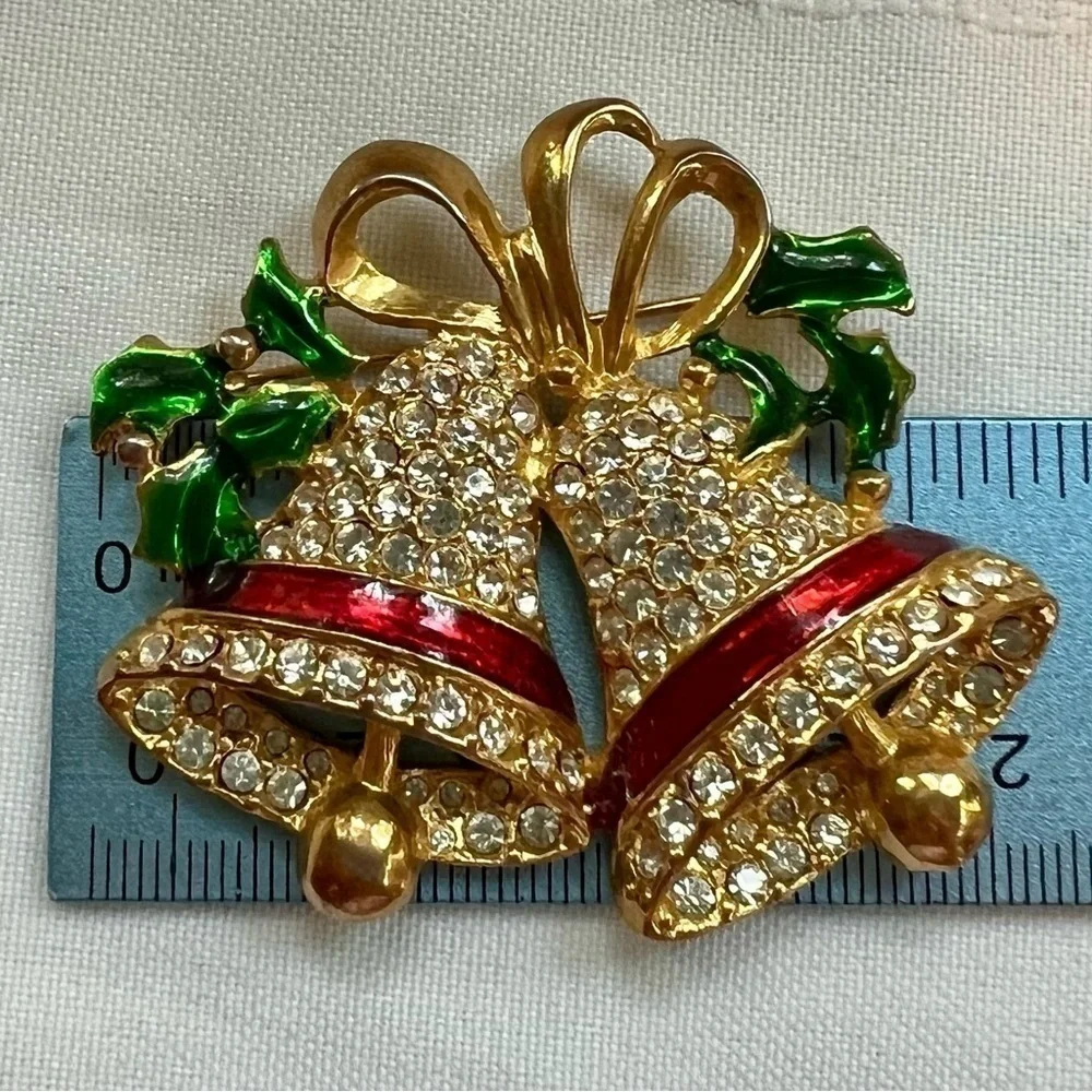 Vintage Christmas Brooch Bells Holly Enamel Rhinestone Brooch Marked‎ EUC